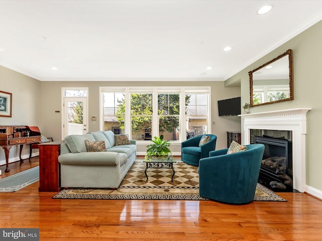 2507 Island Grove Blvd, Frederick, MD 21701 - living room featuring ornamental molding, wood finished floors, a glass covered fireplace, recessed lighting, and baseboards