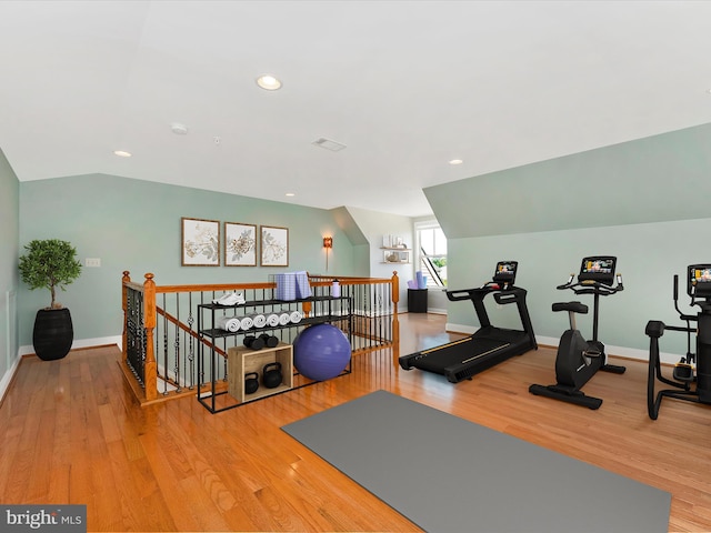 2507 Island Grove Blvd, Frederick, MD 21701 - workout area featuring wood finished floors, lofted ceiling, baseboards, and recessed lighting