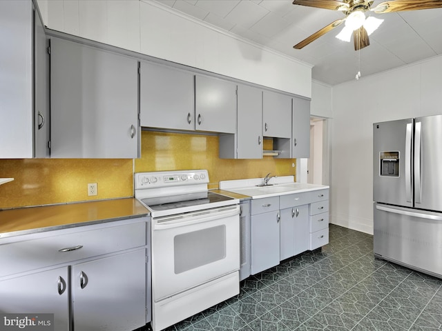138 W Main St, Schuylkill Haven, PA 17972 - kitchen with stainless steel refrigerator with ice dispenser, white range with electric stovetop, gray cabinetry, ceiling fan, and dark flooring