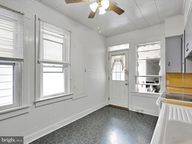 138 W Main St, Schuylkill Haven, PA 17972 - doorway with dark flooring, plenty of natural light, a ceiling fan, and ornamental molding