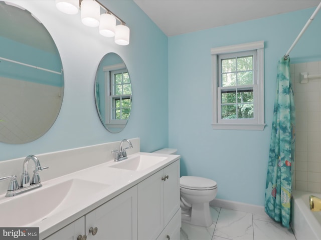 7449 Maple Branch Rd, Clifton, VA 20124 - bathroom with double vanity, shower / bathtub combination with curtain, toilet, marble look tile flooring, and baseboards
