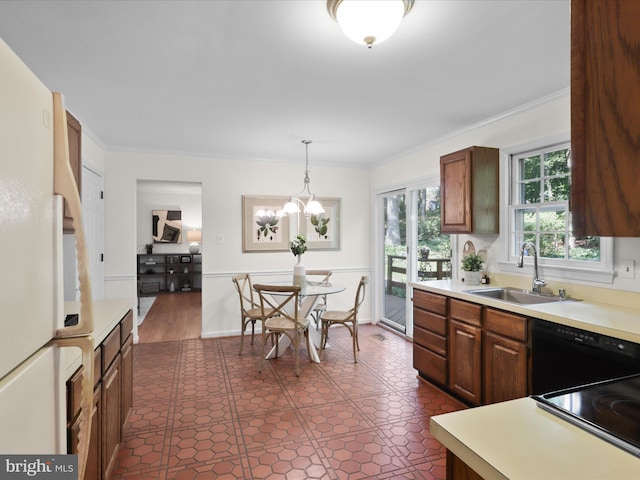7449 Maple Branch Rd, Clifton, VA 20124 - kitchen featuring a sink, black dishwasher, light countertops, freestanding refrigerator, and ornamental molding
