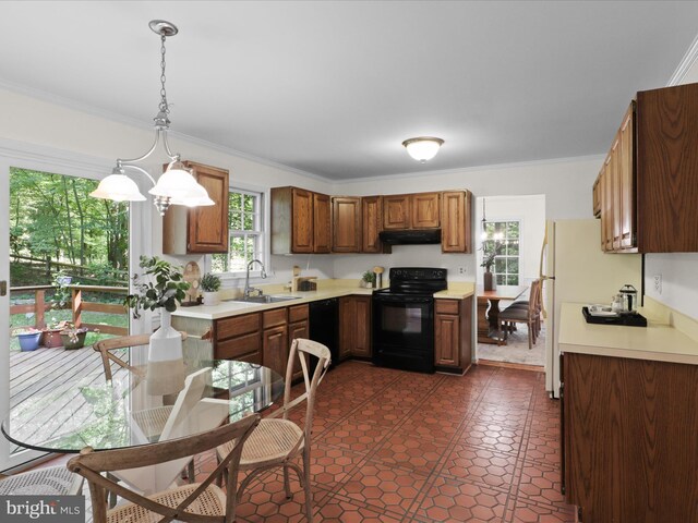 7449 Maple Branch Rd, Clifton, VA 20124 - kitchen with black appliances, a sink, under cabinet range hood, light countertops, and ornamental molding