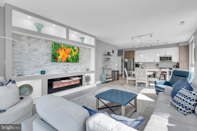 145 Riverhaven Dr Unit 313, Oxon Hill, MD 20745 - living area featuring rail lighting, a glass covered fireplace, and light wood-type flooring