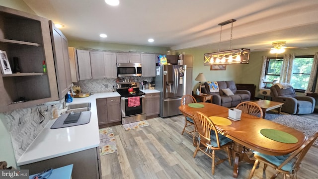 1300 River Rd, Holtwood, PA 17532 - kitchen featuring appliances with stainless steel finishes, light countertops, light wood-style floors, tasteful backsplash, and ceiling fan