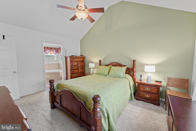 1219 N Valley Ave, Vineland, NJ 08360 - bedroom with light carpet, baseboards, ensuite bathroom, high vaulted ceiling, and ceiling fan