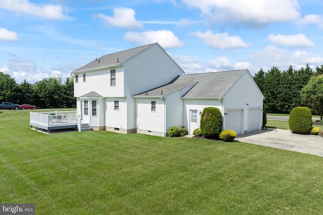 1219 N Valley Ave, Vineland, NJ 08360 - view of property exterior featuring driveway, a deck, a garage, a yard, and a shingled roof