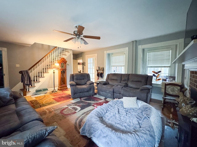 229 Valleybrook Rd, Chester Heights, PA 19017 - living room featuring stairway, ceiling fan, and a fireplace