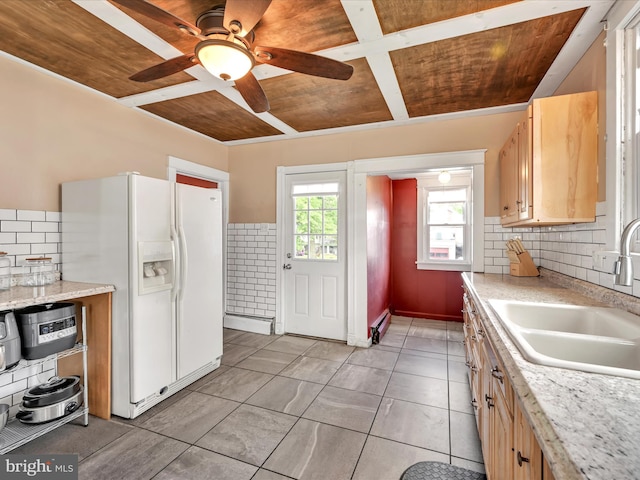135 Hoover St, Schuylkill Haven, PA 17972 - kitchen with white fridge with ice dispenser, a sink, wooden ceiling, ceiling fan, and decorative backsplash