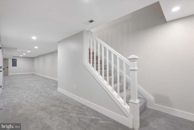 724 E 21st St, Baltimore, MD 21218 - stairway with carpet, baseboards, and recessed lighting