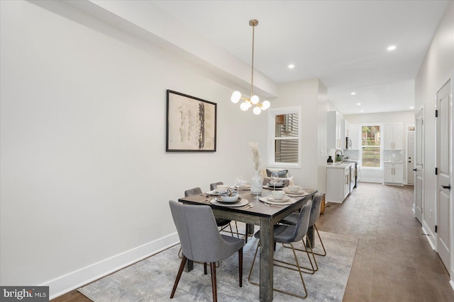 724 E 21st St, Baltimore, MD 21218 - dining area featuring wood-type flooring, recessed lighting, a chandelier, and baseboards