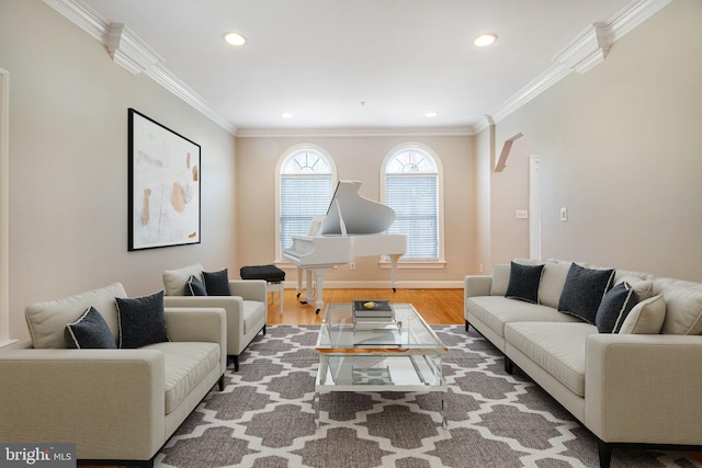 8524 Schultz Rd, Clinton, MD 20735 - living area featuring ornamental molding, wood finished floors, recessed lighting, baseboards, and arched walkways