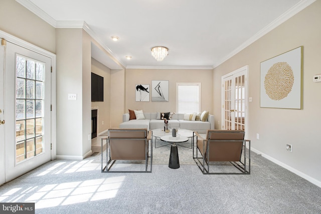 8524 Schultz Rd, Clinton, MD 20735 - carpeted living area featuring healthy amount of natural light, ornamental molding, baseboards, and french doors