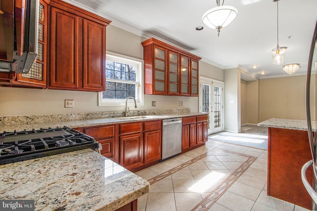 8524 Schultz Rd, Clinton, MD 20735 - kitchen with stainless steel dishwasher, a sink, ornamental molding, decorative light fixtures, and light stone counters