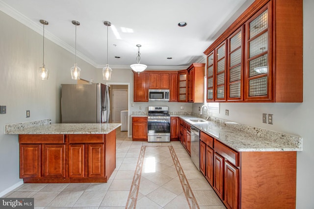 8524 Schultz Rd, Clinton, MD 20735 - kitchen featuring stainless steel appliances, a sink, a peninsula, inlaid floor details, and glass insert cabinets