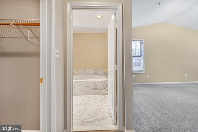 8524 Schultz Rd, Clinton, MD 20735 - corridor featuring baseboards, vaulted ceiling, and recessed lighting