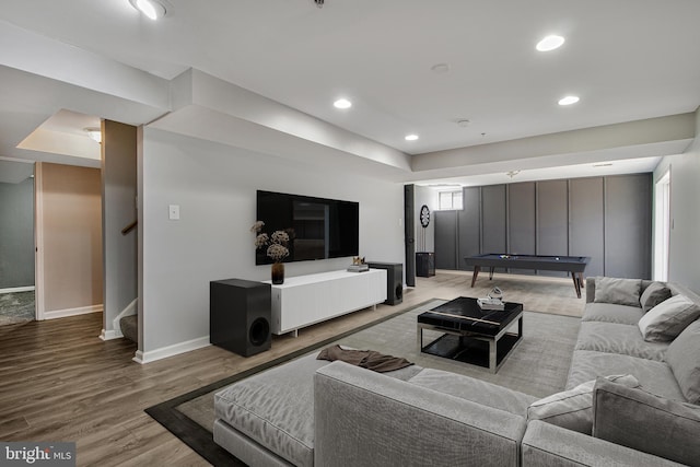 8524 Schultz Rd, Clinton, MD 20735 - living room with baseboards, stairway, wood finished floors, billiards, and recessed lighting
