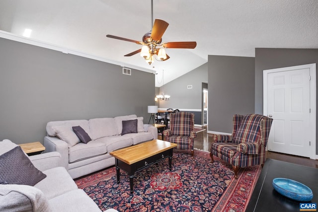 716 Preddy Creek Rd, Barboursville, VA 22923 - living room with a ceiling fan, lofted ceiling, a chandelier, and wood finished floors