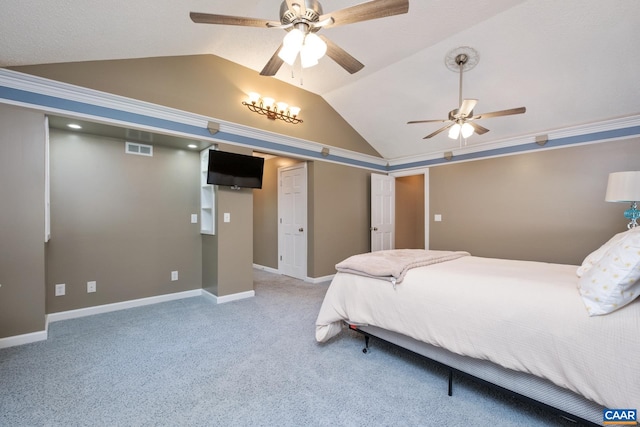 716 Preddy Creek Rd, Barboursville, VA 22923 - bedroom featuring vaulted ceiling, light carpet, baseboards, and ceiling fan