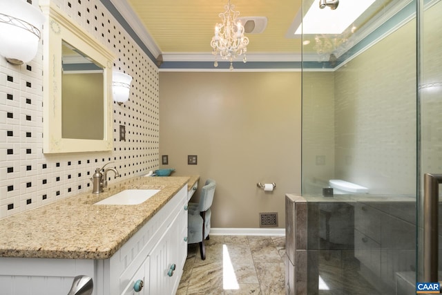 716 Preddy Creek Rd, Barboursville, VA 22923 - bathroom featuring vanity, crown molding, baseboards, toilet, and a stall shower
