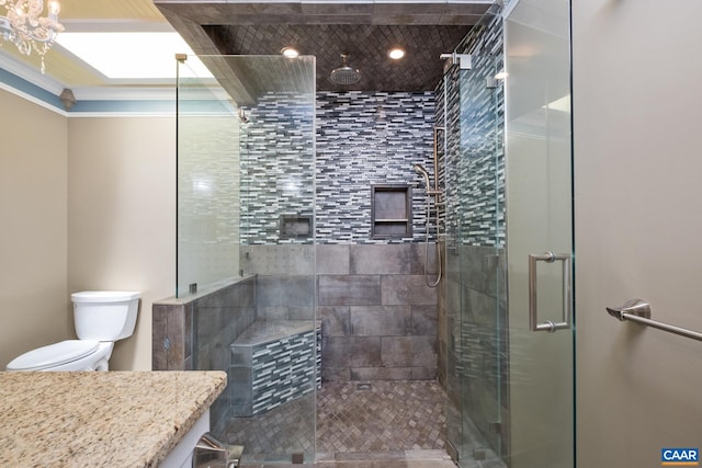 716 Preddy Creek Rd, Barboursville, VA 22923 - full bathroom featuring a shower stall, toilet, ornamental molding, and vanity