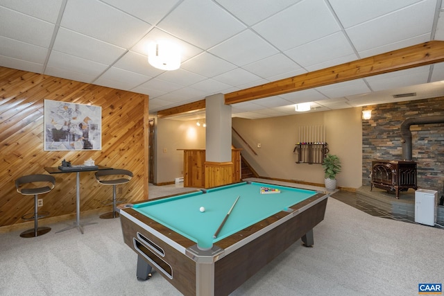 716 Preddy Creek Rd, Barboursville, VA 22923 - playroom with a wood stove, a paneled ceiling, wood walls, carpet floors, and billiards