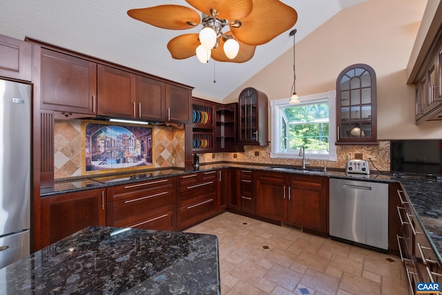 716 Preddy Creek Rd, Barboursville, VA 22923 - kitchen featuring a sink, appliances with stainless steel finishes, vaulted ceiling, decorative backsplash, and a ceiling fan