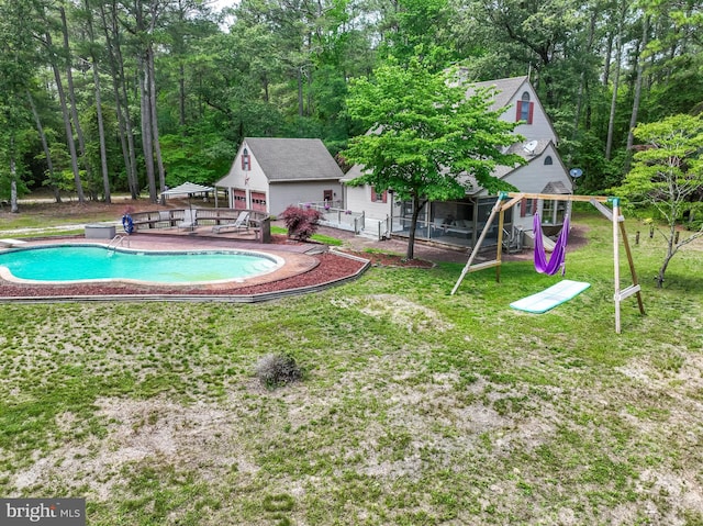 3532 Tall Pines Ln, Snow Hill, MD 21863 - outdoor pool with a patio area, a diving board, and a playground