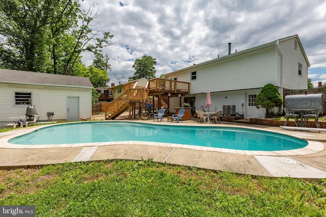 1704 Horner Rd, Woodbridge, VA 22191 - swimming pool featuring stairs, cooling unit, a deck, a patio, and a diving board