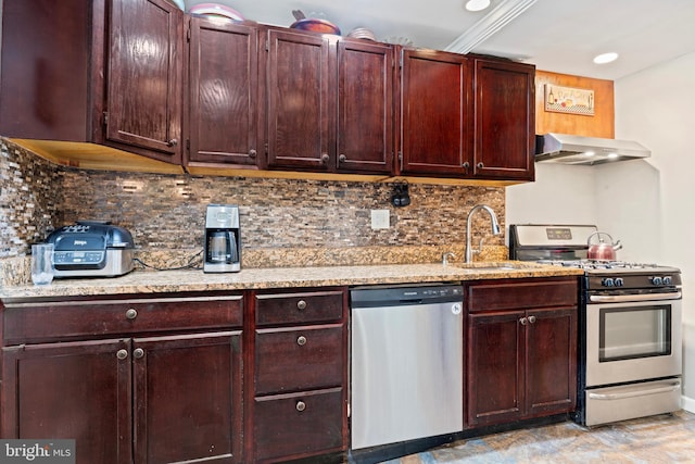 9615 51st Pl, College Park, MD 20740 - kitchen featuring stainless steel appliances, extractor fan, a sink, tasteful backsplash, and light stone countertops