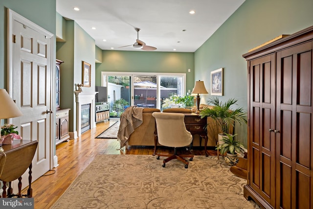 1812 Fairmount Ave, Philadelphia, PA 19130 - office featuring ceiling fan, light wood-type flooring, recessed lighting, and a glass covered fireplace