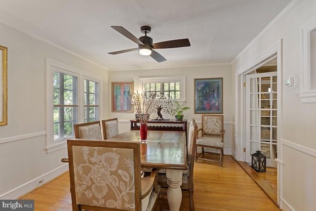 20 Oberlin Ave, Swarthmore, PA 19081 - dining space with light wood-style floors, a decorative wall, crown molding, and ceiling fan