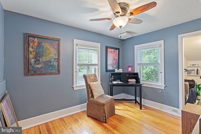 20 Oberlin Ave, Swarthmore, PA 19081 - home office with hardwood / wood-style floors, healthy amount of natural light, a ceiling fan, and baseboards