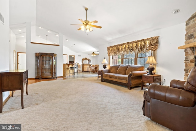 25 Warm Breeze Ct, Hanover, PA 17331 - living area with ceiling fan, high vaulted ceiling, a stone fireplace, and recessed lighting