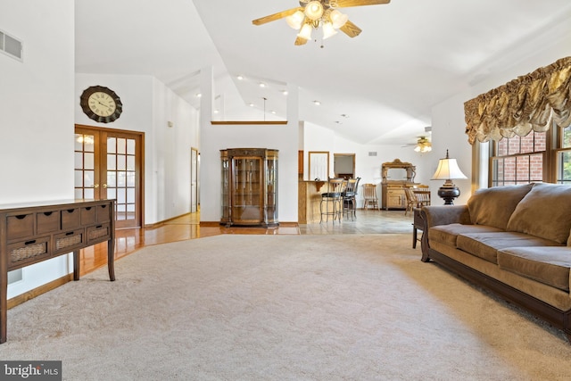 25 Warm Breeze Ct, Hanover, PA 17331 - living area with ceiling fan, french doors, high vaulted ceiling, carpet, and baseboards