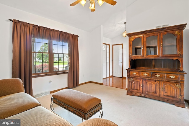 25 Warm Breeze Ct, Hanover, PA 17331 - living room featuring light carpet, a ceiling fan, lofted ceiling, and baseboards