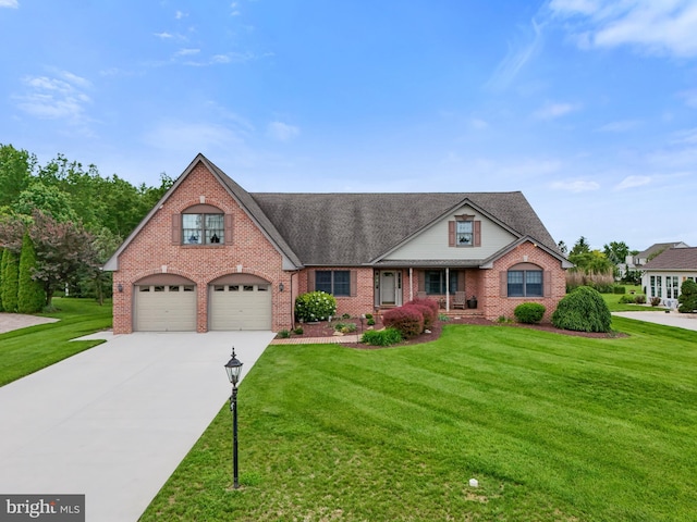25 Warm Breeze Ct, Hanover, PA 17331 - traditional-style house with brick siding, concrete driveway, a front lawn, a shingled roof, and a garage