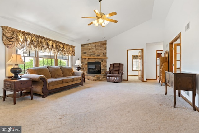 25 Warm Breeze Ct, Hanover, PA 17331 - living room with ceiling fan, carpet floors, a stone fireplace, and high vaulted ceiling