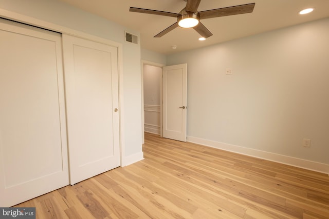 2039 S Cleveland St, Philadelphia, PA 19145 - unfurnished bedroom featuring light wood finished floors, baseboards, a closet, recessed lighting, and a ceiling fan