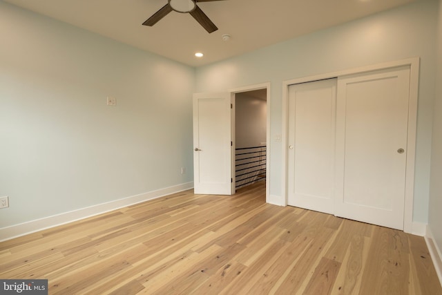 2039 S Cleveland St, Philadelphia, PA 19145 - unfurnished bedroom with baseboards, light wood-style floors, a closet, recessed lighting, and ceiling fan