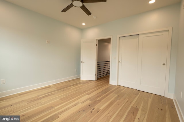 2039 S Cleveland St, Philadelphia, PA 19145 - unfurnished bedroom featuring recessed lighting, light wood-style flooring, baseboards, a closet, and a ceiling fan