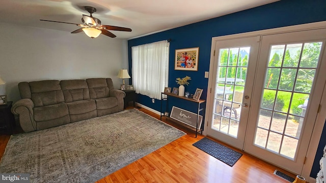 14 Curry Ln, Horsham, PA 19044 - living room featuring wood finished floors, french doors, and ceiling fan
