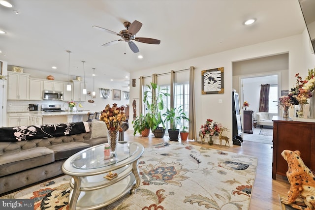 5544 Old Colony Ct, White Plains, MD 20695 - living room featuring ceiling fan, light wood-style flooring, and recessed lighting