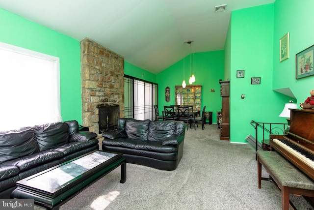 713 Worthington Dr, Warminster, PA 18974 - living room with carpet flooring, vaulted ceiling, a fireplace, and baseboards