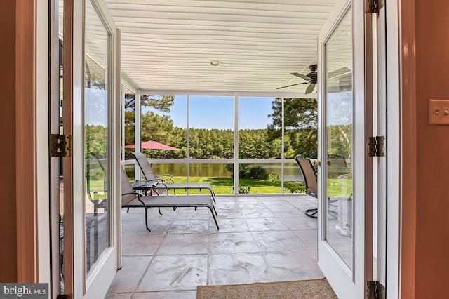 205 Mallard Dr, Stevensville, MD 21666 - sunroom / solarium with a water view, ceiling fan, wooden ceiling, floor to ceiling windows, and view of wooded area