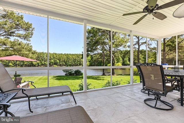 205 Mallard Dr, Stevensville, MD 21666 - sunroom / solarium with a water view, ceiling fan, and outdoor dining area