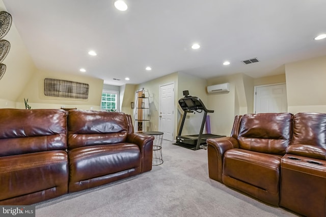 205 Mallard Dr, Stevensville, MD 21666 - living room featuring a wall mounted AC, light colored carpet, and recessed lighting