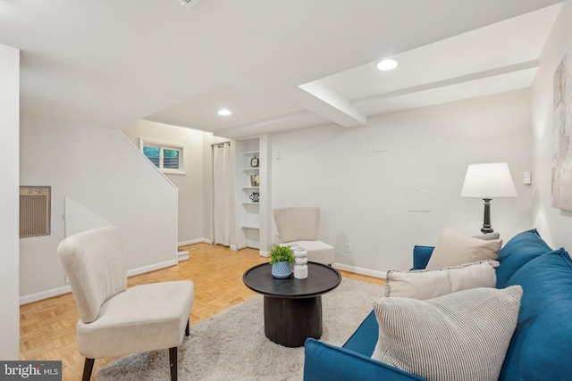 8404 Galveston Rd, Silver Spring, MD 20910 - living area with baseboards, built in shelves, recessed lighting, and stairway