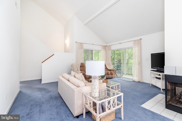 33340 Timberview Ct Unit 21003, Bethany Beach, DE 19930 - living room featuring carpet floors, high vaulted ceiling, baseboards, and a multi sided fireplace