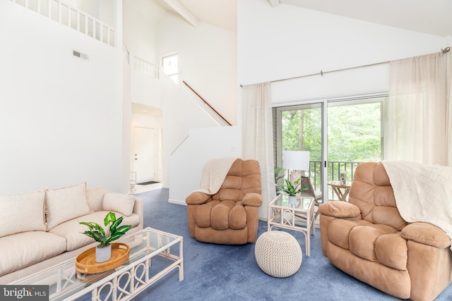 33340 Timberview Ct Unit 21003, Bethany Beach, DE 19930 - carpeted living area with high vaulted ceiling, beamed ceiling, stairway, and baseboards